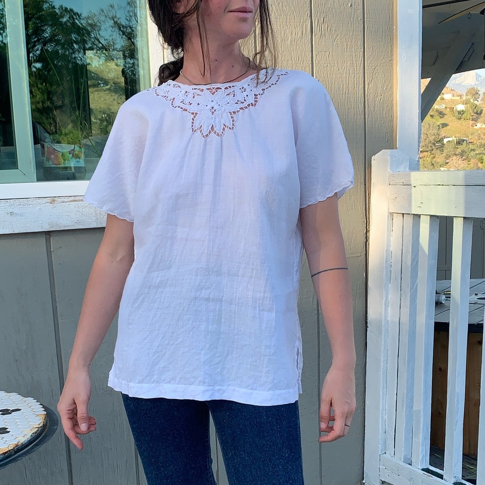 Antique handmade 100% linen top with 
 inlet embroidery